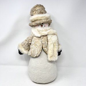 Snowman Woman 16" Winter Beige Coat Hat Faux Fur Holiday Scarf Weighted Bottom